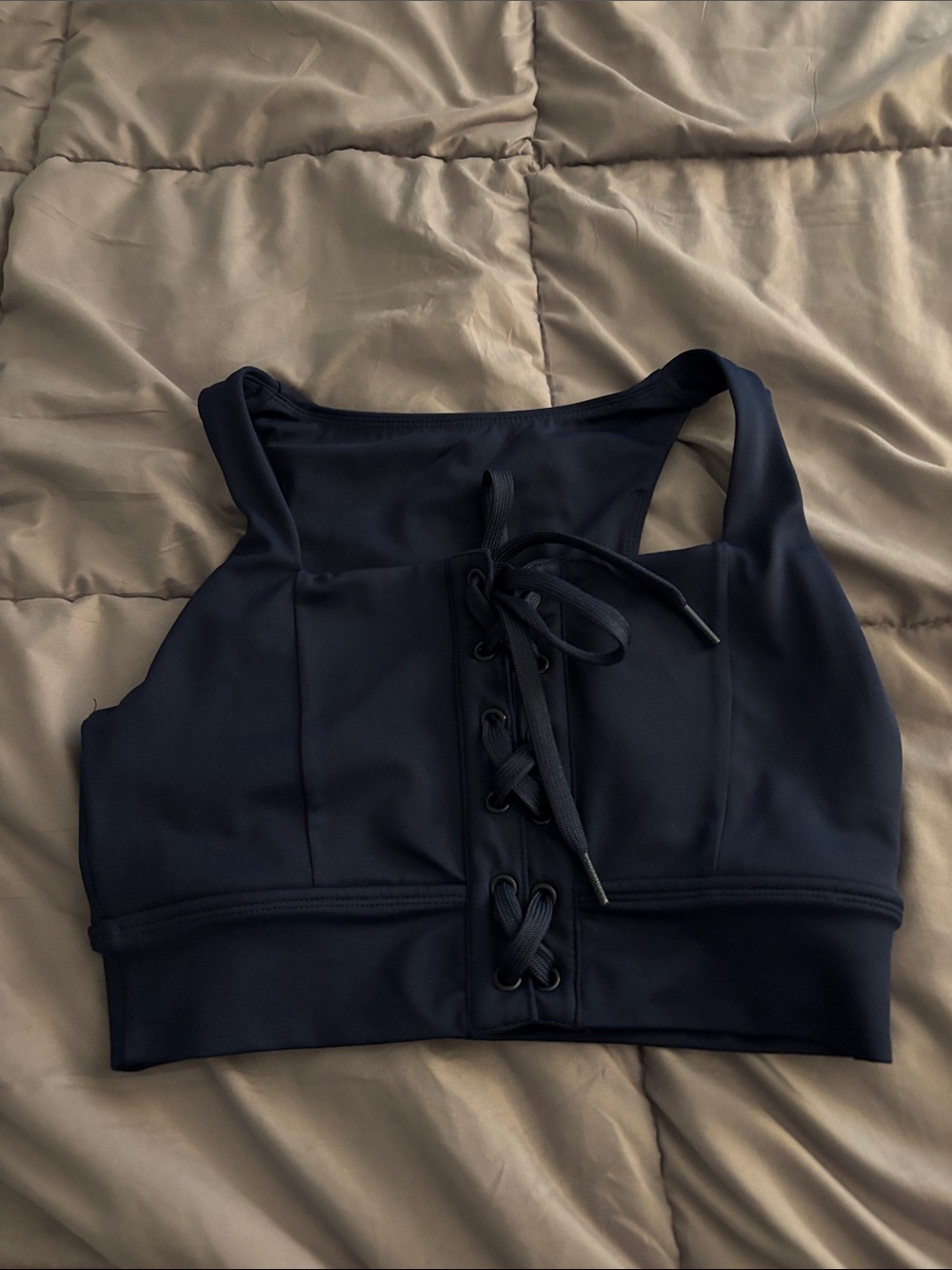 Navy Lace-Up Sports Bra Crop Top
